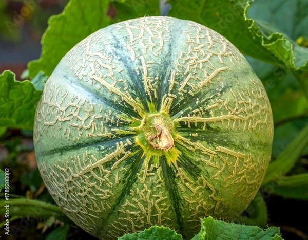 Obraz Close-up of a mature, textured melon amidst green leaves