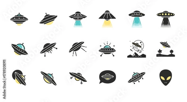 Fototapeta Diverse set of UFO and alien icons depicting unknown aerial phenomena, science fiction narratives, and hypothetical cosmic visitors in flat design