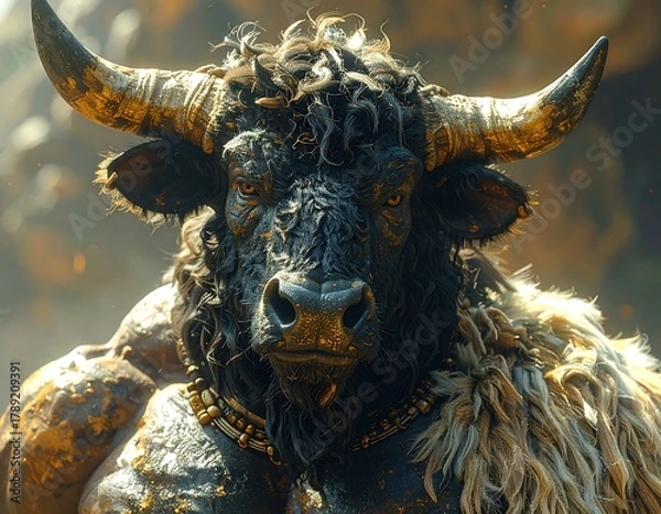Obraz Close-up of a muscular creature with bull-like features and golden accents