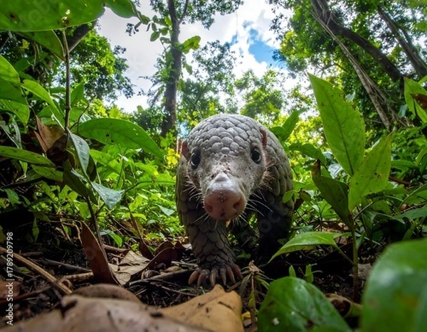 Obraz Close-up of a pangolin in lush green foliage, looking at camera