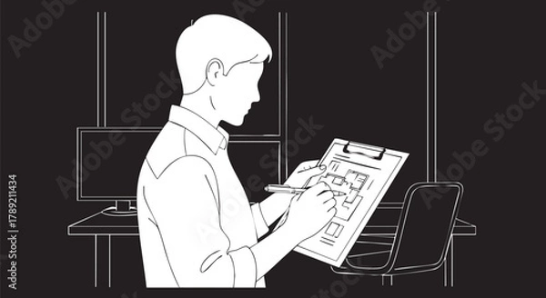 Fototapeta A person sketches on a clipboard at a desk in an office setting, possibly designing or planning a project with focus.