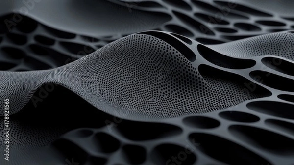 Obraz Abstract render of flowing, undulating surface with interconnected, oval-shaped voids, creating a textured pattern