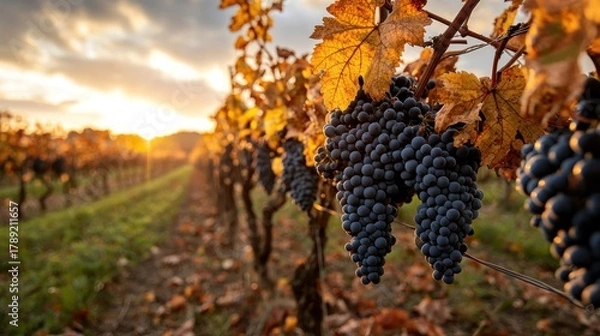 Obraz Sunlight streams through a vineyard at sunset, illuminating ripe grapes and golden leaves on the vines. Rows stretch into the distance