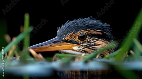 Obraz Close-up of a small bird's head with piercing eyes and a sharp beak, nestled among green reeds, against a dark backdrop