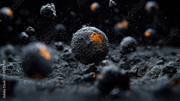 Obraz Abstract composition of dark, textured spheres with glowing orange highlights against a backdrop of specks and debris