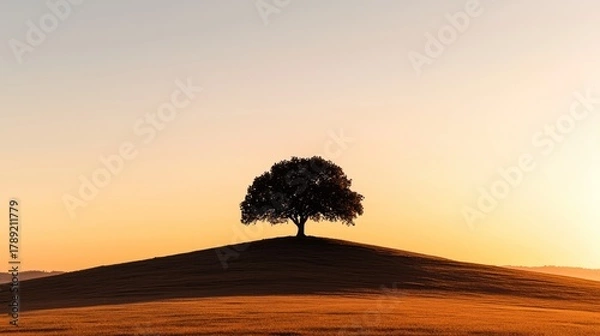Obraz A lone tree silhouetted against a warm, golden sunset on a rolling hill. The sky gradients from orange to pale blue