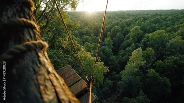Obraz View from a high platform in a forest canopy at sunset, overlooking a vast, lush green expanse