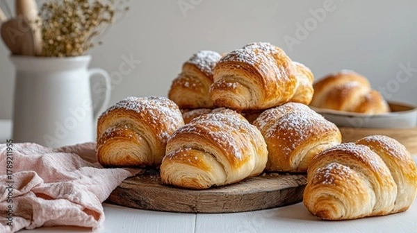 Obraz A close-up showcases golden, flaky pastries dusted with powdered sugar, arranged on a wooden board. A jug and linen add rustic charm