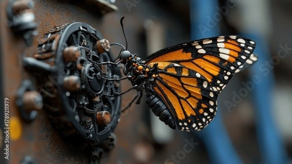 Obraz A monarch butterfly with vibrant orange wings rests atop a rusted, industrial mechanism with intricate metalwork and a blurred background