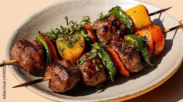 Obraz Skewered grilled meat and vegetables served on a rustic plate. Fresh herbs garnish. Summer meal. Sunlight