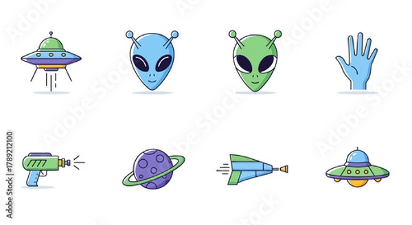 Fototapeta Colorful Set of Alien Icons Spaceships, Extraterrestrials, and Outer Space