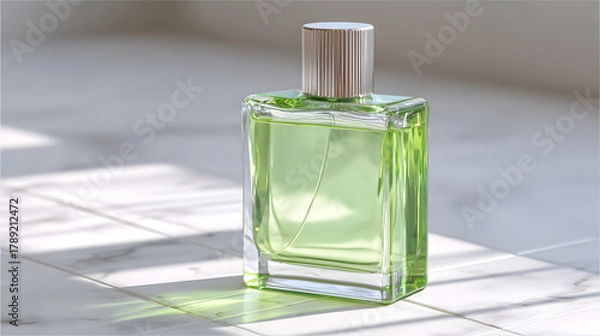 Fototapeta Fresh green perfume glass bottle clear liquid ribbed cap sunlight marble surface minimalist style reflective shadow studio lighting modern design. Elegant fragrance bottle marble tile with soft