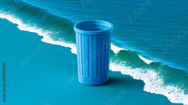 Obraz Ocean pollution plastic waste blue cup coastline ocean wave environmental concept marine debris surreal minimal clean