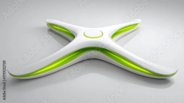 Obraz Futuristic minimalist white green cross propeller turbine aerodynamic smooth glossy plastic metal modern clean curved symmetrical top view concept design energy eco renewable technology object