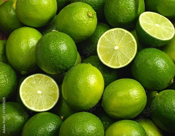 Obraz Close-up of a pile of whole and sliced vibrant green citrus fruit