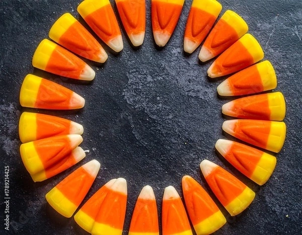 Fototapeta Close-up of candy corn arranged in a circular formation on a dark surface
