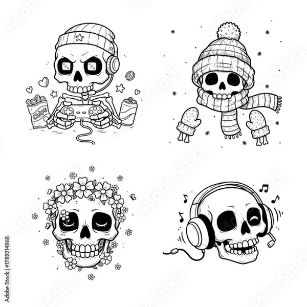 Fototapeta A set of four black and white cartoon skull illustrations, each showing different activities like gaming, winter chill, floral peace, and music vibes.