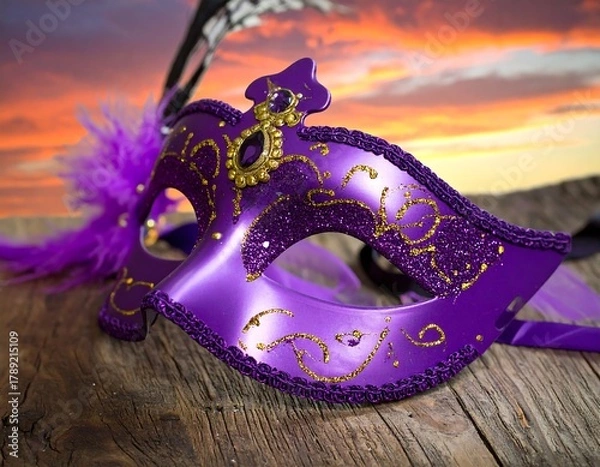 Obraz Close-up of a purple masquerade mask on weathered wooden planks