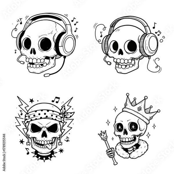 Fototapeta A set of four unique skull illustrations in cartoon engraving style, each with different accessories like headphones, bandana, and royal crown.
