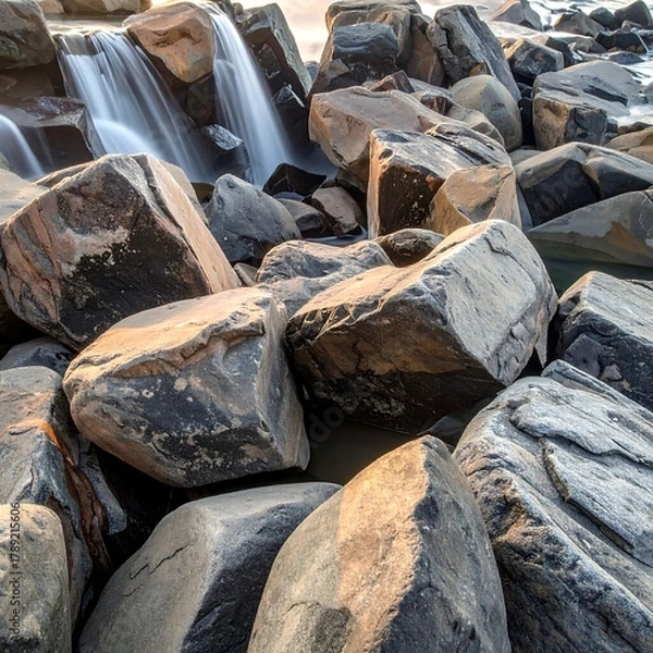 Fototapeta Close-up of cascading water flowing past large, weathered rocks