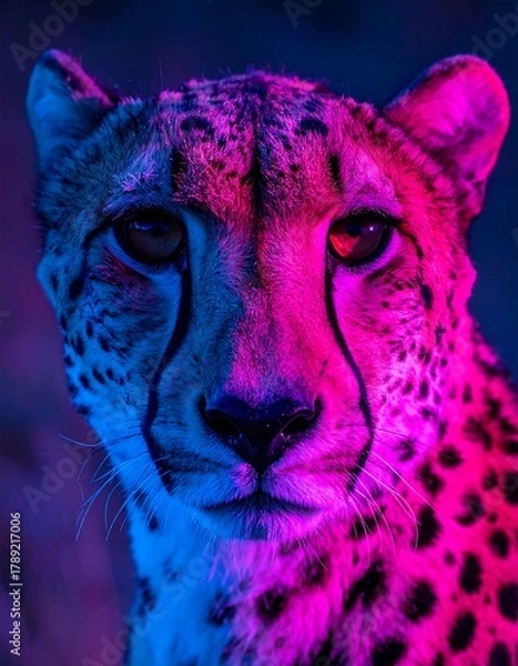 Fototapeta Close-up of cheetah face illuminated with purple and blue light