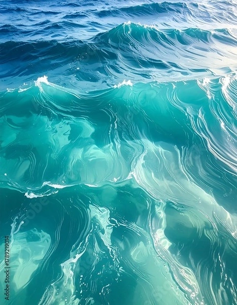 Fototapeta Close-up of churning turquoise water, with waves in natural light