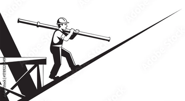 Fototapeta A construction worker carries a long pipe uphill on a structure, illustrating labor and building concepts in a graphic black and white illustration.