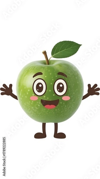 Obraz Happy green apple cartoon character with a big smile and wave