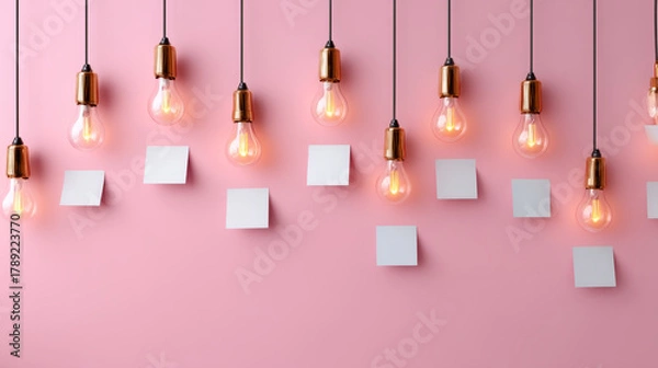 Fototapeta Performance and solution in teamwork management are illuminated by creative programming and research with glowing light bulbs and blank notes on pink background