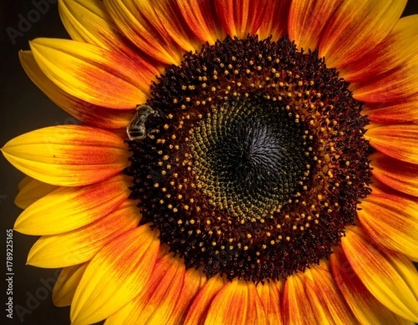 Obraz Close-up of a sunflower with a bee, showcasing textures and colors