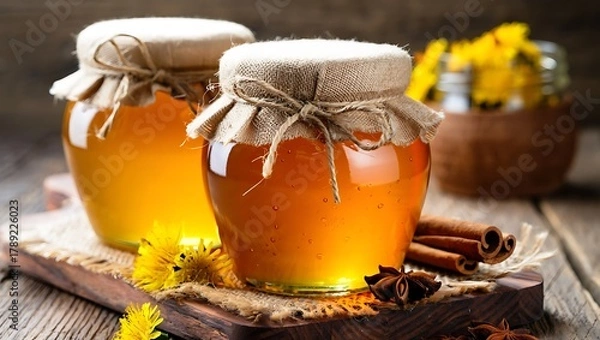 Fototapeta Golden honey in glass jars with rustic lids and spices