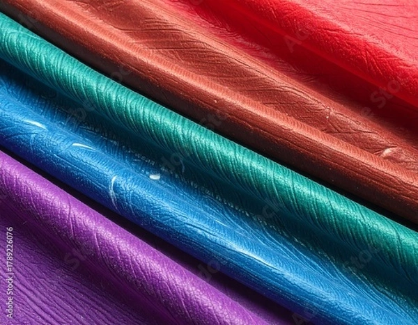 Fototapeta Close-up of colorful, textured fabric layers, angled, varying hues