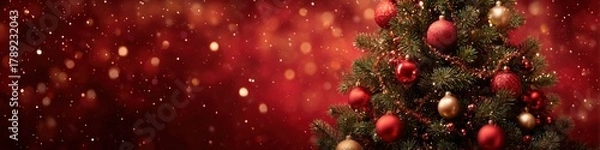 Fototapeta A beautifully decorated Christmas tree with red and gold ornaments against a sparkling red background, evoking a festive holiday atmosphere.