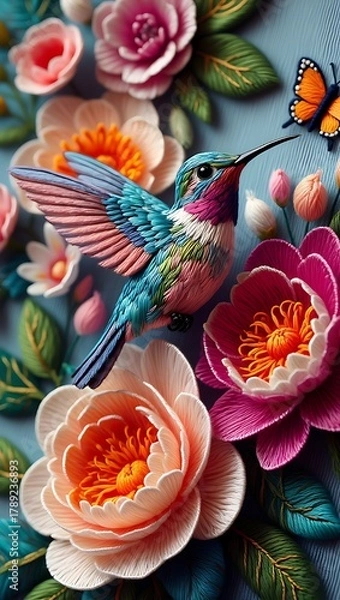 Fototapeta Hummingbird in flight surrounded by blooming flowers and a butterfly