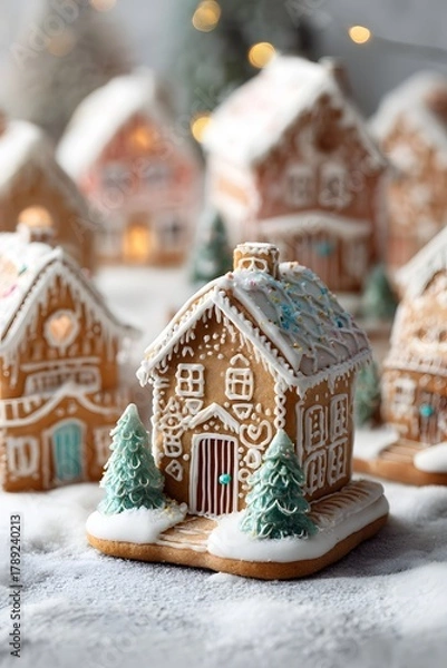 Fototapeta A cute gingerbread cookie village with a Christmas theme.