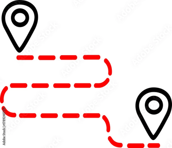 Obraz Travel route, distance vector icon. Two map pins position icon. Vector graphics and not Artificial Intelligence, logo illustration. Replaceable vector design.