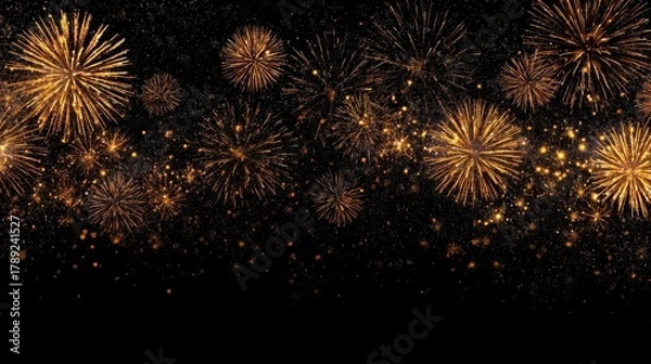 Fototapeta Beautiful photo of silvester, happy new year, new year's eve 2026 background banner - Golden firework fireworks pyrotechnics on dark black night sky.
