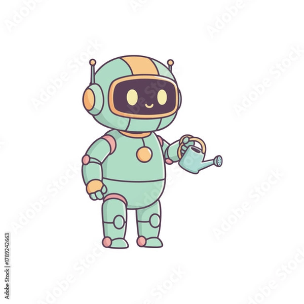 Obraz Cute cartoon robot holding watering can friendly AI character illustration.