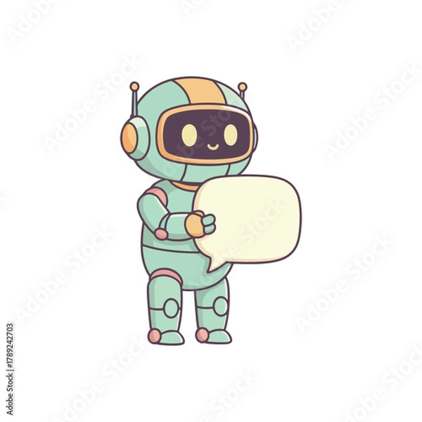 Obraz Friendly cartoon robot character in teal and orange holding an empty speech bubble for text or message.