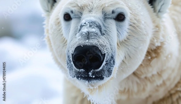 Fototapeta Close-up of a polar bear staring directly at the viewer, covered in snow.