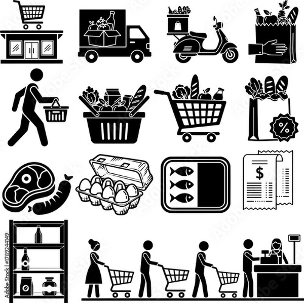 Obraz Grocery Shopping, Delivery, and Food Products Silhouette Icons Set
