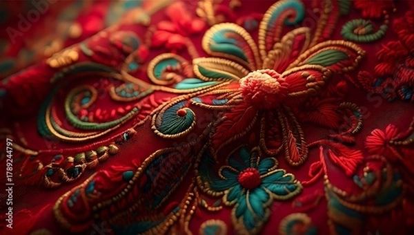 Fototapeta Intricate red fabric embroidery with floral and paisley designs beautiful background