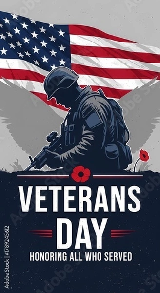 Fototapeta Honoring Military Service: Soldier Silhouette Saluting American Flag Tribute