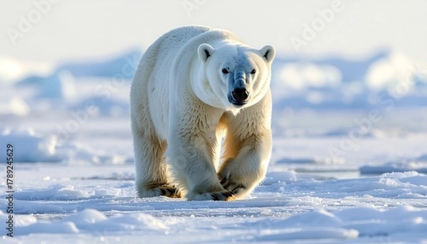 Fototapeta A majestic polar bear walking confidently across a snowy, icy landscape.