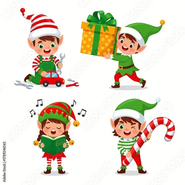 Obraz Cute Christmas Elves with Gifts and Candy Canes