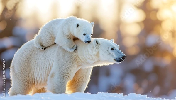 Obraz A polar bear cub rides on its mother's back in a snowy environment, bathed in soft, natural light.