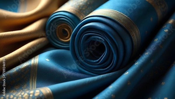 Fototapeta Luxurious Indian silk sari fabric rolls in blue and gold tones