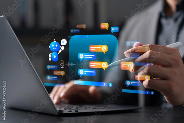 Fototapeta AI chatbot, businessman using laptop and stylus pen to interact with artificial intelligence chat window, intelligent communication, customer service, automation in the digital age.