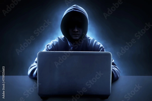 Obraz Hacker in hoodie using  laptop on dark background