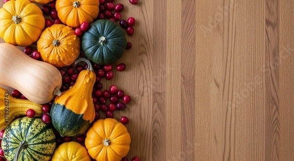Obraz A top view of pumpkins and cranberries on a wooden surface with space for text on the right side